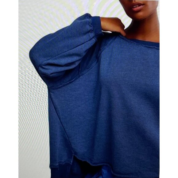Free People Movement Blue Oversized Distressed Sweatshirt S Cotton/Polyester - Picture 3 of 16